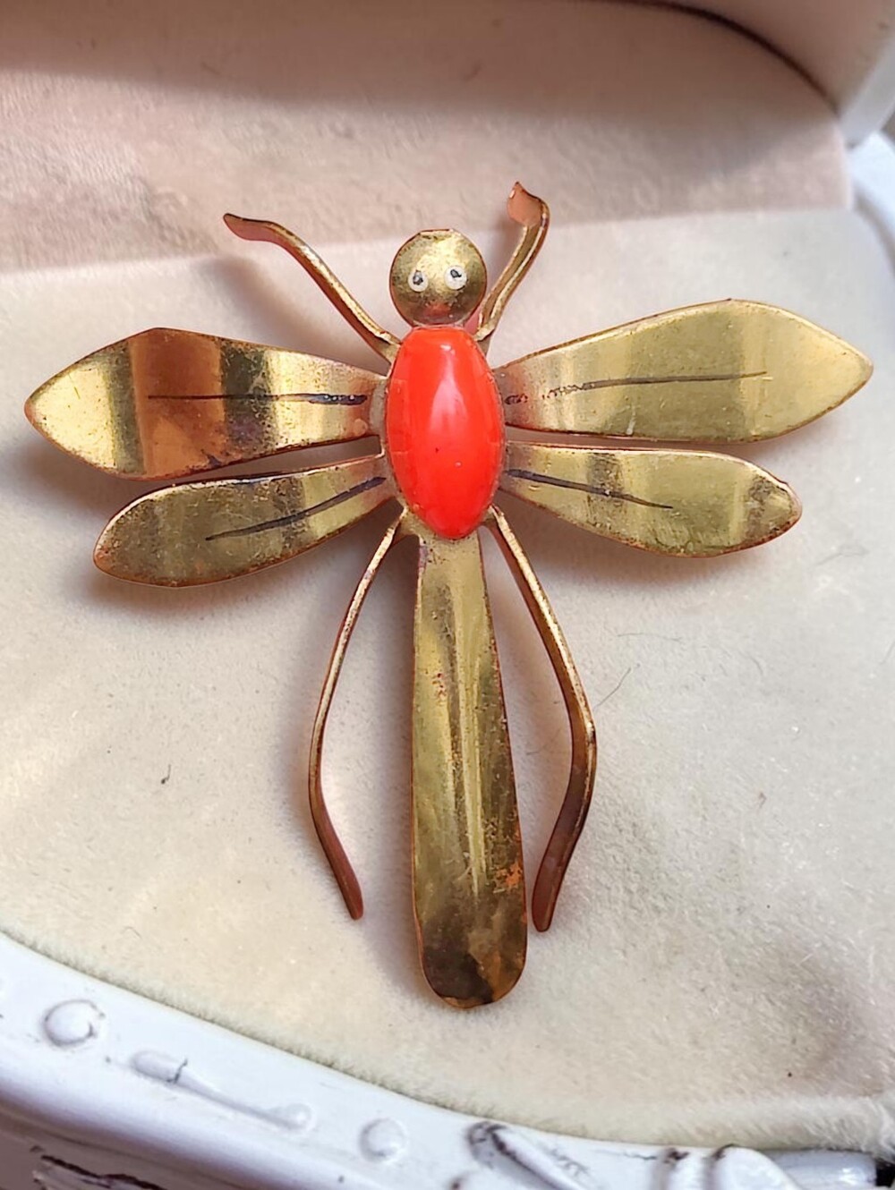 Vintage Art Deco 1930s Brass Jellybelly Glass Dragonfly Brooch